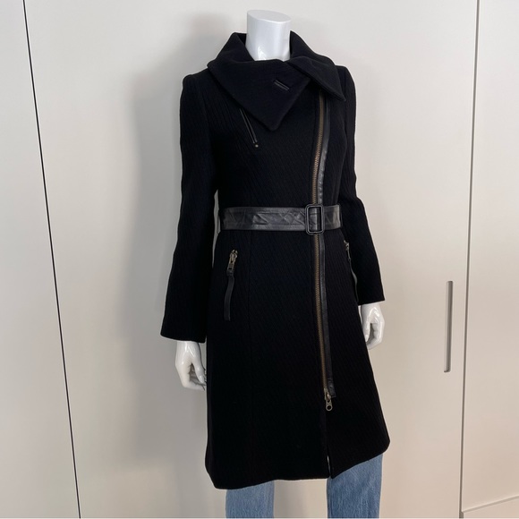 MACKAGE Asymmetrical Zip Belted Wool Coat in Black - Picture 2 of 12
